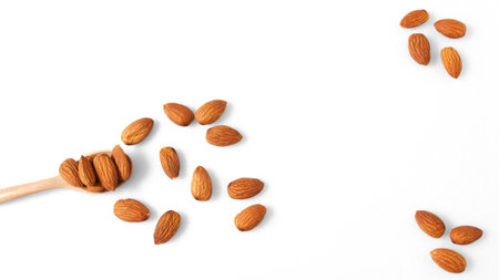 The almonds are in a brown wooden spoon and several seeds around which are on a white background.の写真素材