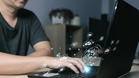 person use an Ai chip.new technology big data and business process strategy,customer service...
