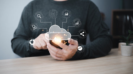 man holding cloud computing diagram show on hand. Data storage.Cloud technology.Secure backup and...
