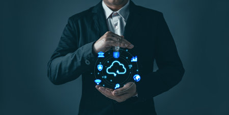 man hold cloud computing system diagram show on hand.Data storage.Digital technology network service...