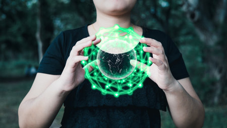 woman hand hold earth or global and icon symbol ecology to save green energy, business development...