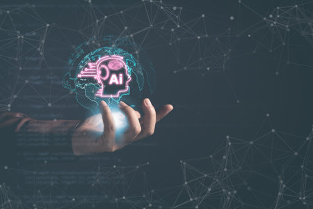 man use tablet command prompt ai chat. Big data storage.Digital Artificial Intelligence (AI) technology disruption concept. We are implementing storage technology support in the business.の写真素材