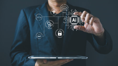 person use an Ai chip.new technology bigdata and business process strategy,customer service...