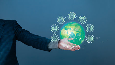 hand holding hologram to save energy,net zero,climate change,ecology friendly investment,ESG...