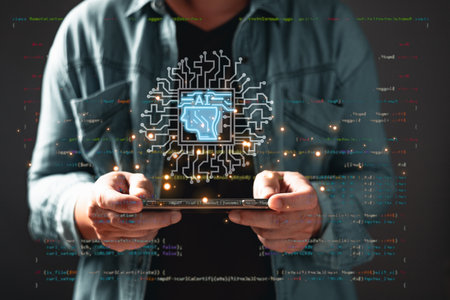 A person using a tablet displaying cloud computing system diagram. Big data storage and Digital...