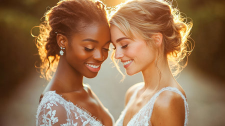 A tender moment between two brides, celebrating love and unity at golden hour. Their radiant smiles and elegant lace dresses beautifully symbolize LGBTQ pride, joy, and an unbreakable bond.の素材