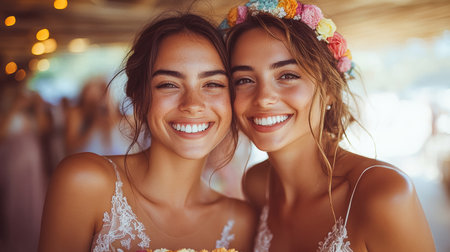 Two radiant women smile brightly, one wearing a colorful floral crown, both dressed in elegant lace dresses. Their joy and warmth shine, capturing a moment of love and celebration.の素材