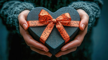 A sparkling black heart-shaped gift box tied with an orange ribbon featuring speckled details, delicately held by hands in a cozy knitted sweater, creating a warm and thoughtful gesture.の素材