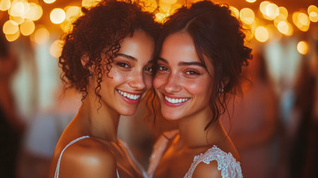 A joyful LGBTQ couple beams with love and pride, embraced by warm golden lights in a romantic setting. Their radiant smiles reflect a celebration of unity, diversity, and heartfelt affection.の素材