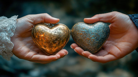 Two hands gently holding intricately designed golden and silver heart-shaped lockets, symbolizing love, connection, and sentimentality,set against a soft,blurred background for an intimate atmosphere.の素材