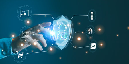Businessmen touch virtual screen interfaces with protect personal data information from viruses....