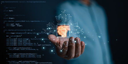 man uses an Ai chip.new technology big data and business process strategy, customer service...