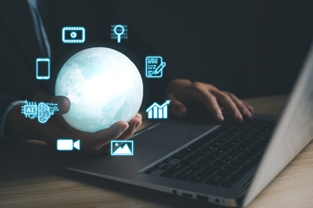 Man hold icon ai and use laptop, Marketers education, research, analyze media video streaming content creation and online marketing strategies to grow their digital business.の写真素材