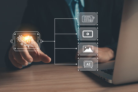 Man touch icon ai and use laptop, Marketers education, research, analyze media video streaming content creation and online marketing strategies to grow their digital business.の写真素材