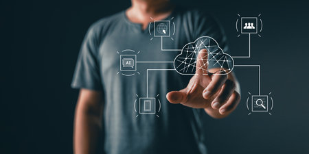 man touch cloud computing diagram show on hand. Data storage.Cloud technology.Secure backup...
