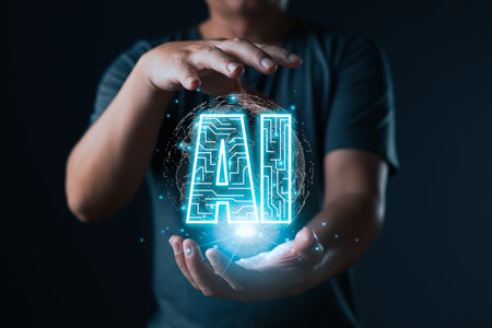 Digital Artificial Intelligence (AI) technology disruption concept.man use smartphone command prompt...