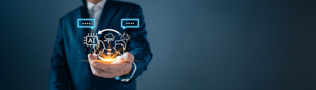 man touch command prompt ai chat. Big data storage computer tech.Digital Artificial Intelligence technology disruption concept. We are implementing storage technology support in the business.の写真素材