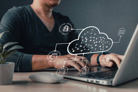 man use icon cloud computing diagram show on hand. data center storage.cloud tech.secure backup and...