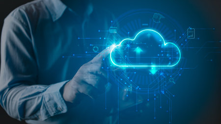 hand touch on cloud computing diagram.Data storage.the use of online digital network technology in...