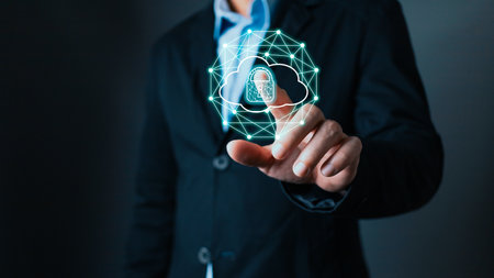 man touch cloud computing diagram show on hand. Data storage.Cloud technology.Secure backup Networking and internet service concept.Implementation storage technology in business. IT support.の写真素材