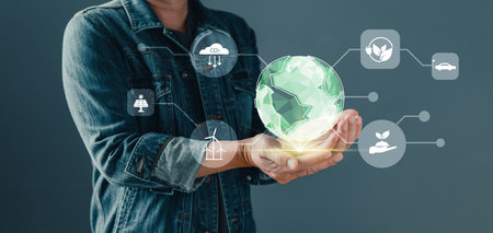 hand hold hologram to save energy,and reduce global warming,climate change,ecology friendly...