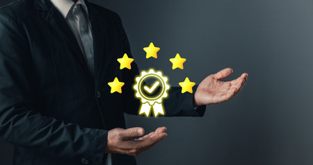 ISO certification, Standards, Guarantee, and standardization concept. person's hand holding and show...