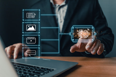 Content creation and online marketing strategies to grow their digital business. analyze media video streaming. Man touch icon ai, Marketers education, research.の写真素材