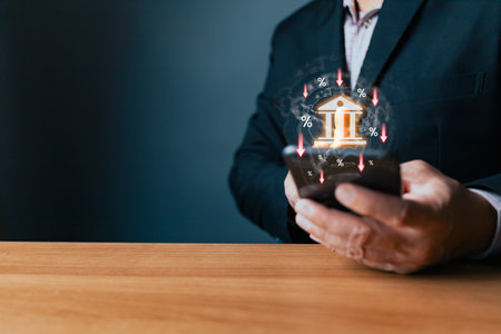 Economic and financial analysis, interest rates. Percentage model, red arrow go down. Federal Reserve interest rate reduction concept.の写真素材