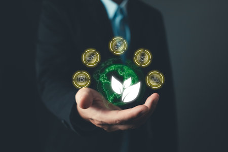 person hold to save energy,and reduce global warming,climate change,ecology friendly investment,ESG environment social governance,Green Business Innovation and Sustainable Development concept.の写真素材