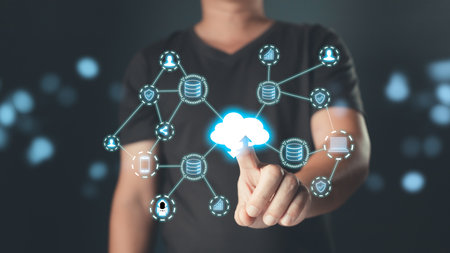 Hand touch icon cloud computing technology.data storage center system sharing management for upload download transfer.secure backup online digital networking and internet connection service concept.の写真素材