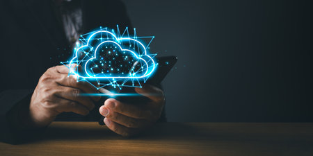 Hand touch icon cloud computing technology.secure backup online digital networking and internet...