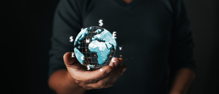A person hold global currency to plan in business, the use of online digital network technology in business, Foreign exchange.の写真素材