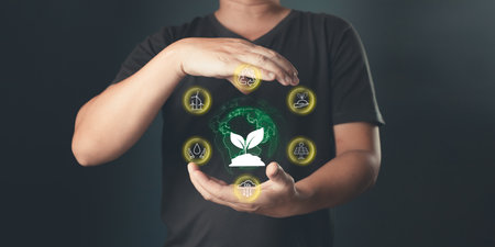 person hold icon to save energy,and reduce global warming,climate change,ecology friendly...