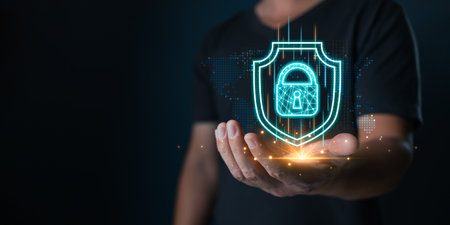 Cyber security and privacy protection digital network security computer system and safe data concept. Businessmen use firewall protect password data information from crime, viruses, and hackerの写真素材