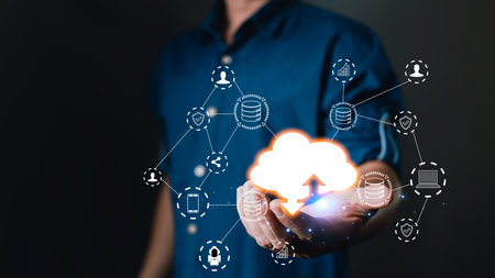 Hand hold icon cloud computing technology.data storage center system sharing management for upload download transfer.secure backup online digital networking and internet connection service concept.の写真素材