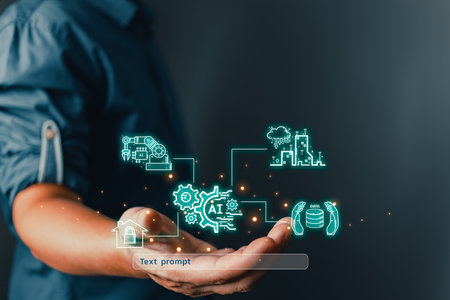 man holding smart AI chatbot and text prompt.Big data storage.Digital Artificial Intelligence technology disruption concept.We are implementing automated tech support and service in the business.の写真素材
