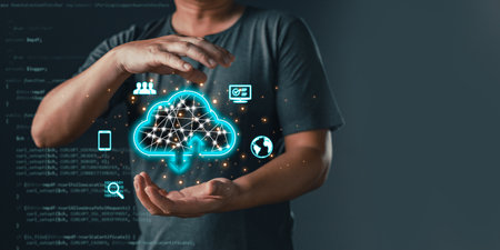 man hold cloud computing diagram show on hand. Data storage.Cloud technology.Secure backup...