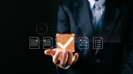 A businessman professional holds a glowing digital certificate document icons, a large checkmark...