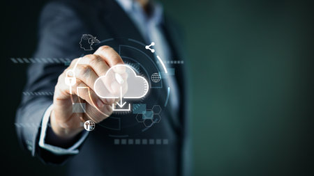 cloud server technology. businessman touch icon cloud computing. transfer data system, secure backup...