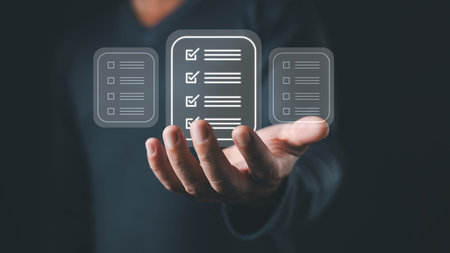 A person holds a digital interface displaying three floating icons representing a checklist document...