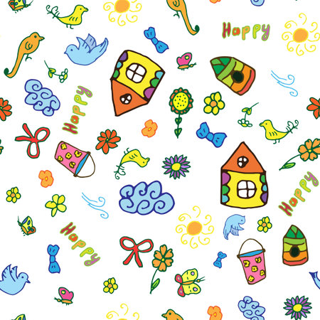 Seamless vector pattern with cute childish hand drawn house, sun, cloud, flowers, birds.のイラスト素材