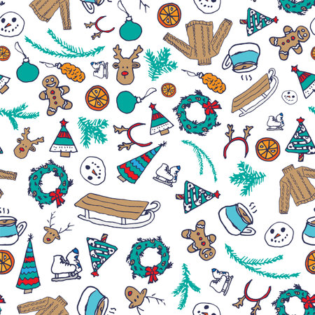 Vector winter seamless pattern with snowman, sweater and snowflakesのイラスト素材