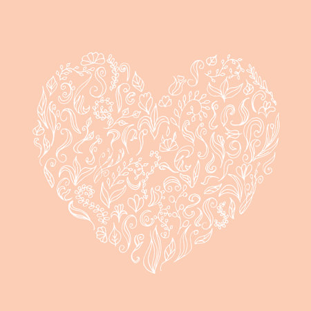 Beautiful white silhouette of the heart of lace flowers, tendrils and leaves. Isolated on light pink.のイラスト素材