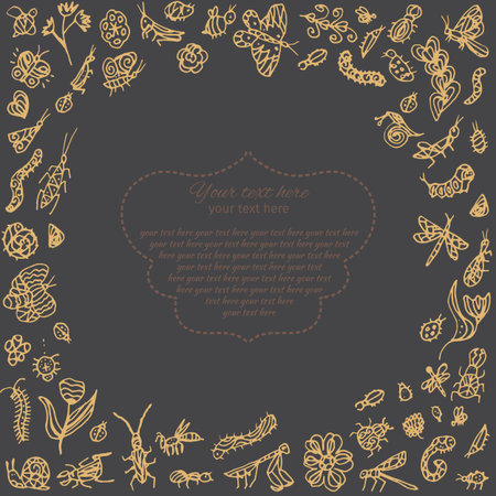 Hand-drawn Vintage abstract template with inscription and gold insects, butterflies, beetles on a blackboard. Postcard background vector illustrationのイラスト素材