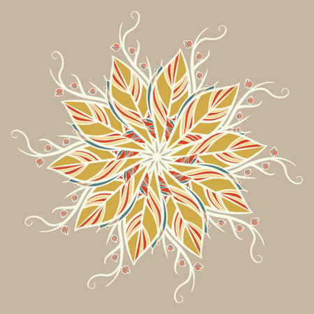 Abstract round ornament, mandala with leaves. Circular botanical motif, pattern isolated on light brown background.のイラスト素材
