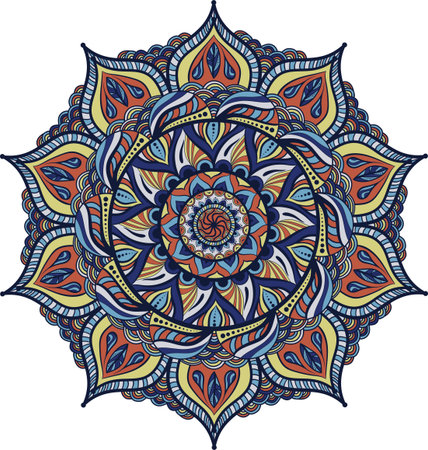 Simple colorful abstract mandala, ethno motive. Bright circular ornament consists of simple shapes. Stylized ethnic motive of East Asia. Vintage decorative elements. Circular ornament..のイラスト素材