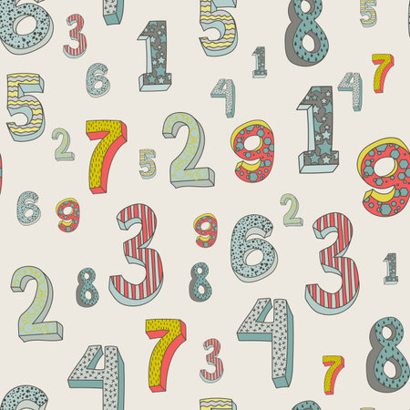 cute colorful numbers pattern. volume numbers with a picture on them, for a birthday, a holiday, to school. mathematicsのイラスト素材