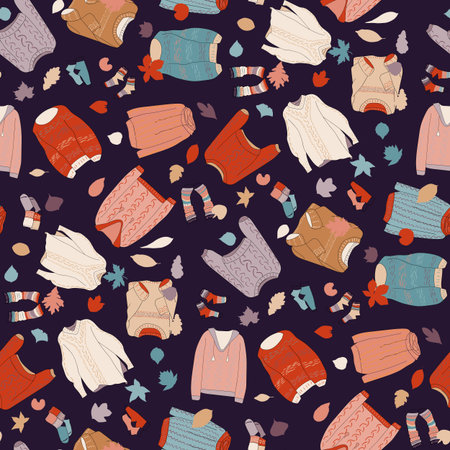 Multicolored, cozy sweaters, warm, autumn, winter. Autumn leaves and warm socks. Seamless pattern.のイラスト素材