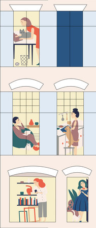 Women s hostel. Windows with neighbors doing daily things in their apartments -read, cook, communicate with cats, surf the Internet . Colorful vector illustration in modern flat style.のイラスト素材
