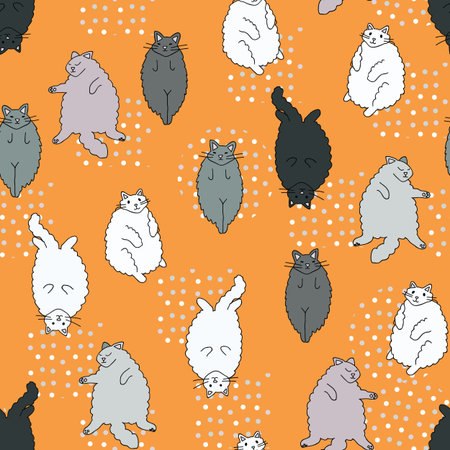 Fat, fluffy cats are lying on their backs. Cute colorful cats. Mascotのイラスト素材